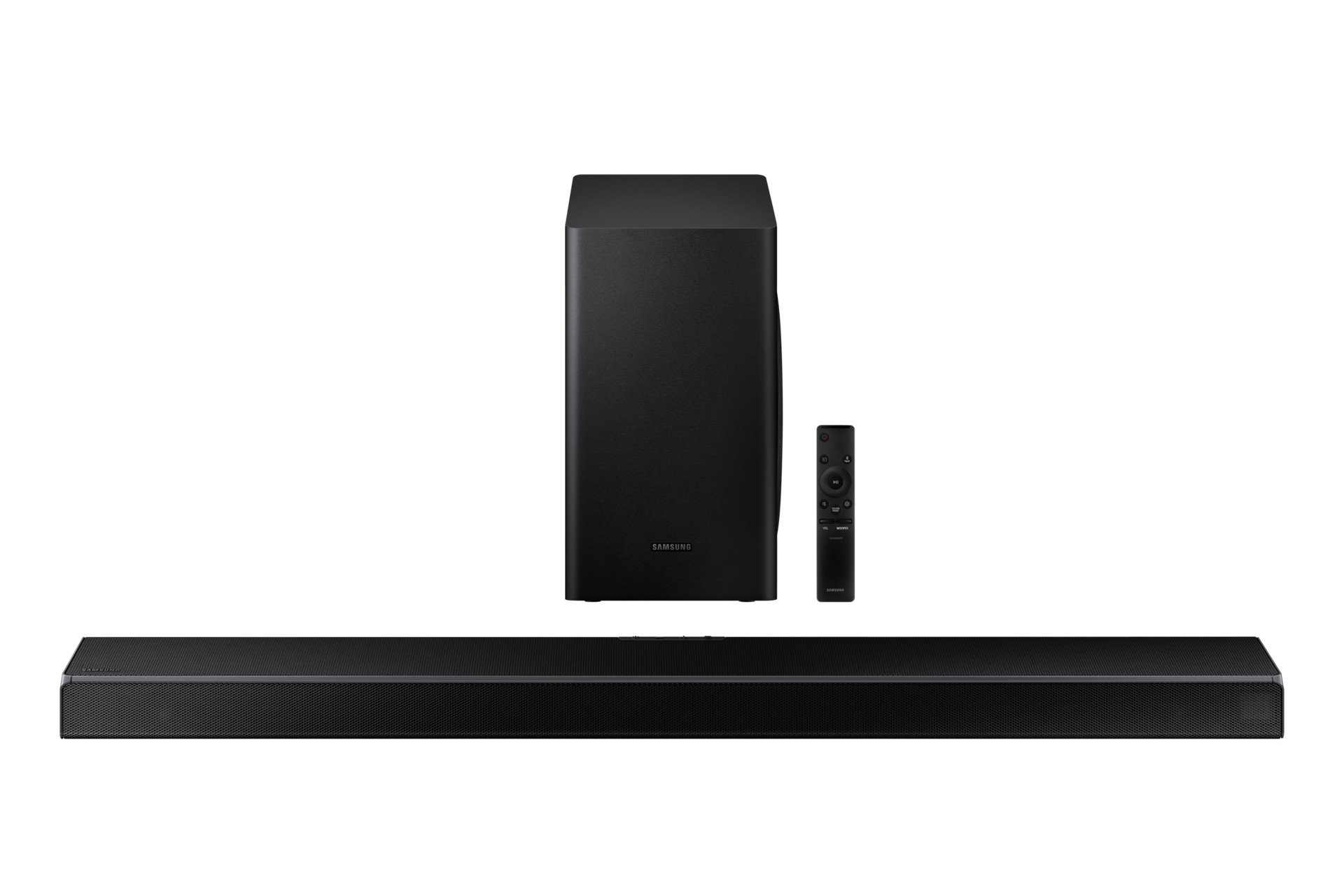 Widok od góry na kompletny zestaw, jaki otrzymasz kupując soundbar Samsung Q60T - subwoofer, soundbar oraz pilot