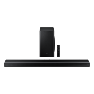 Widok od góry na kompletny zestaw, jaki otrzymasz kupując soundbar Samsung Q60T - subwoofer, soundbar oraz pilot