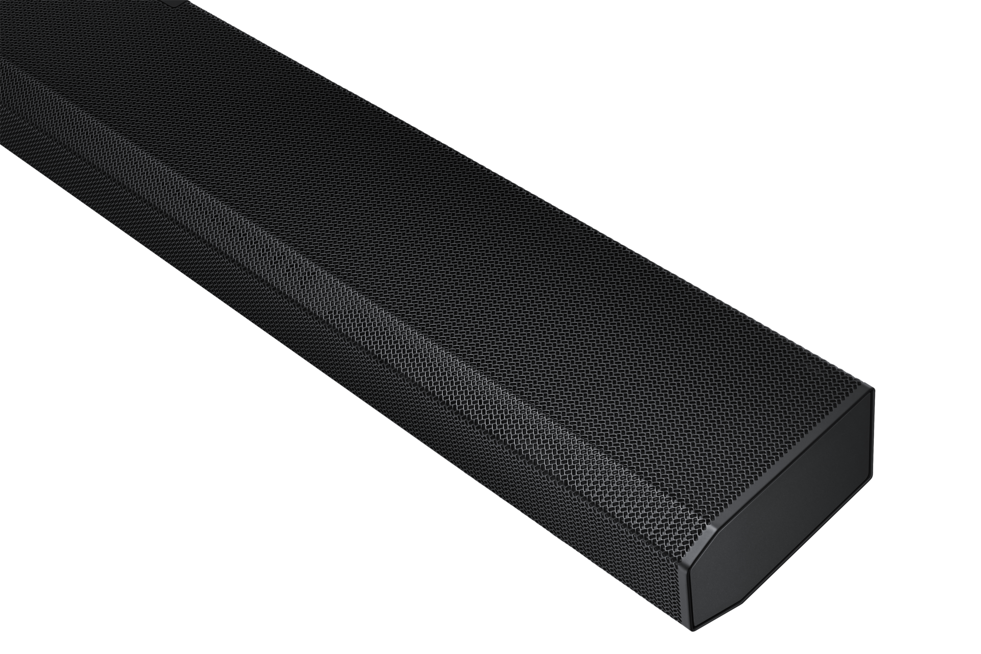 Widok po skosie na górną część listwy soundbaru Q70T Samsung, który dzięki 3 kanałom: 1 kanałowi niskotonowemu i 2 kanałom kierującym dźwięk ku górze, sprawia, ze zawsze jesteś w środku akcji, a dźwięk otacza Cię z każdej strony