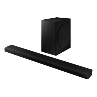 Ukazany po skosie soundbar Samsung Q70T wraz z subwooferem. Odkryj innowacyjne technolgie, takie jak obsługa kodeków Audio 3D, Q Symphony i inne