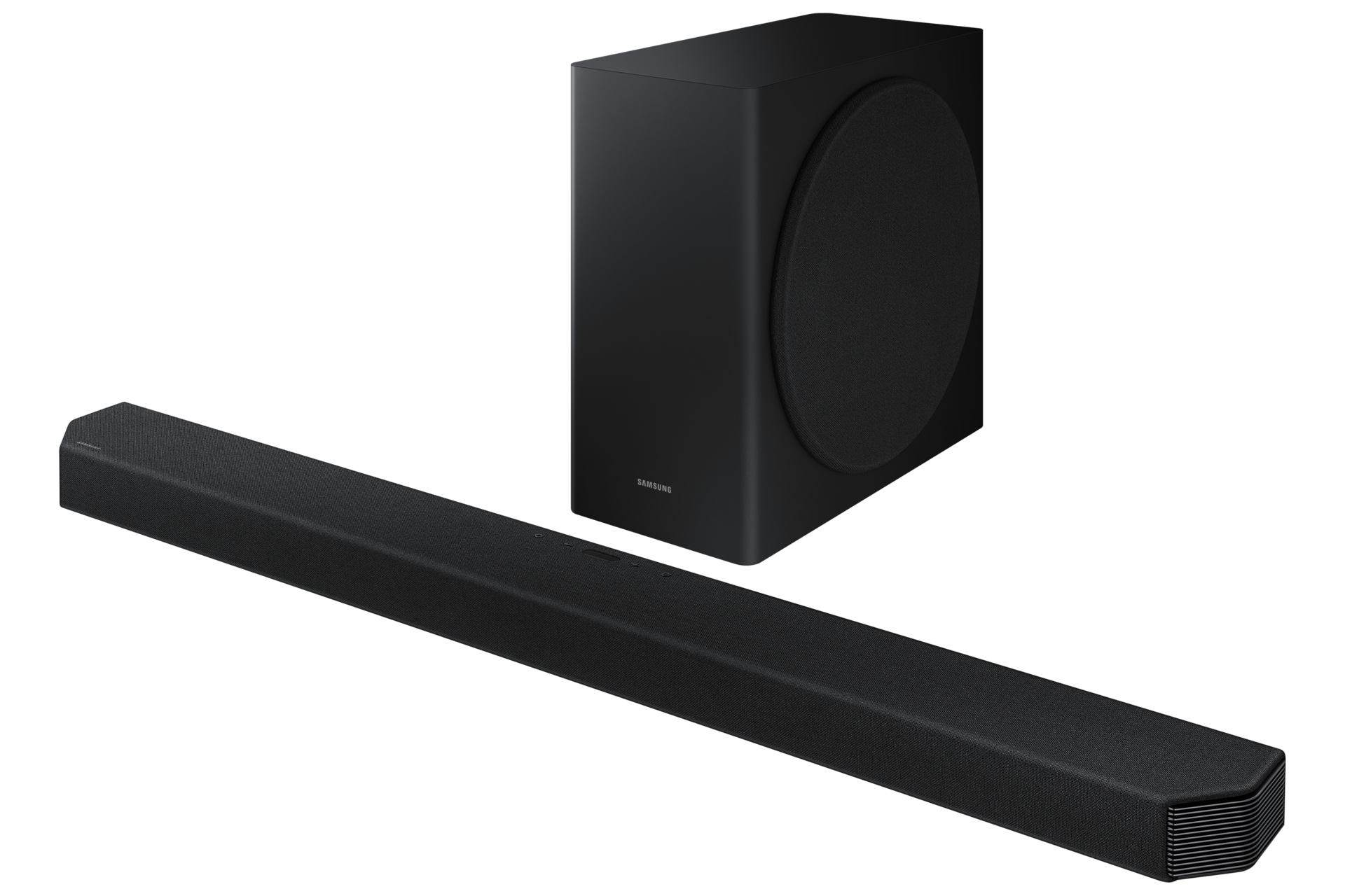 Widok po skosie z prawej perspektywy na soundbar Samsung Q900T - HW-Q900T/EN - w kolorze czarnym, który pozwala na obsługę Kodeków Audio 3D