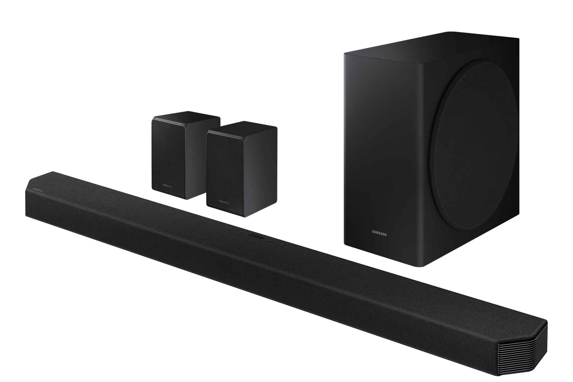 Widok po skosie z prawej perspektywy na soundbar Samsung Q950T - HW-Q950T/EN - w kolorze czarnym, który pozwala na obsługę Kodeków Audio 3D