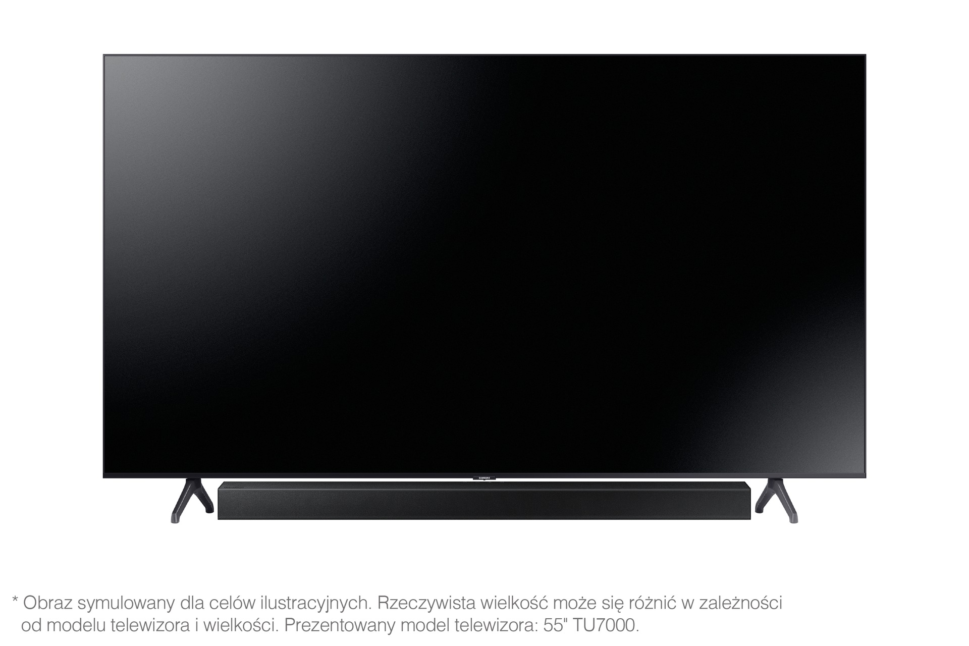 Widok na telewizor z soundbarem Samsung HW-T450 w ujęciu od przodu - poznaj znakomite połączenie obrazu i dźwięku niczym na sali kinowej