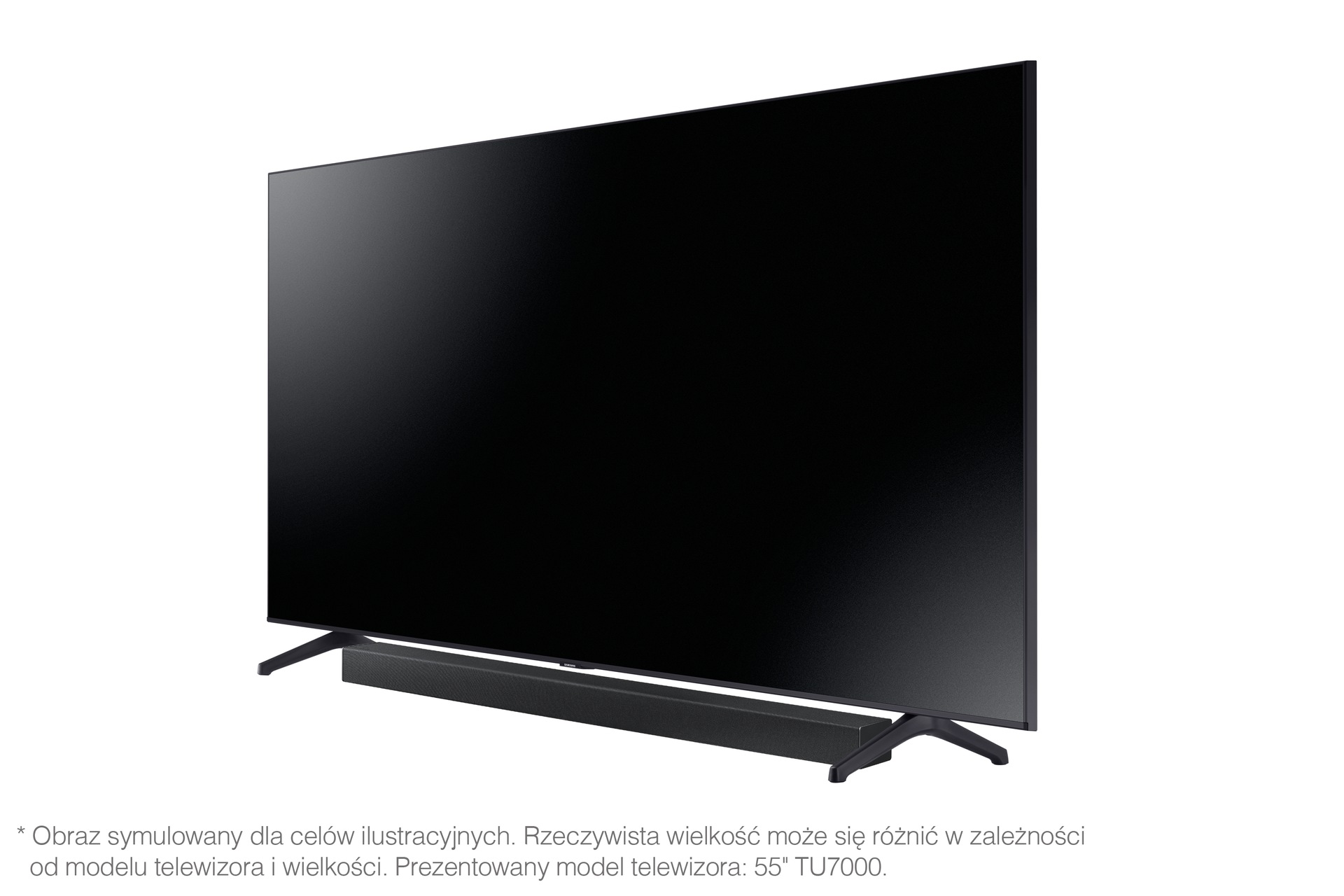 Lewy bok i przód pod skosem - widok na telewizor i soundbar Samsung T450 - graj z Trybem Gry i wygrywaj dzięki połączeniu najwyższej jakości obrazu i dźwięku