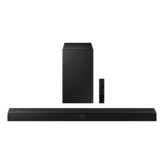 Widok na zestaw z subwooferem - wyjątkowy soundbar Samsung T550/EN z potęgą niskich tonów, dzięki oddzielnemu głośnikowi basowemu