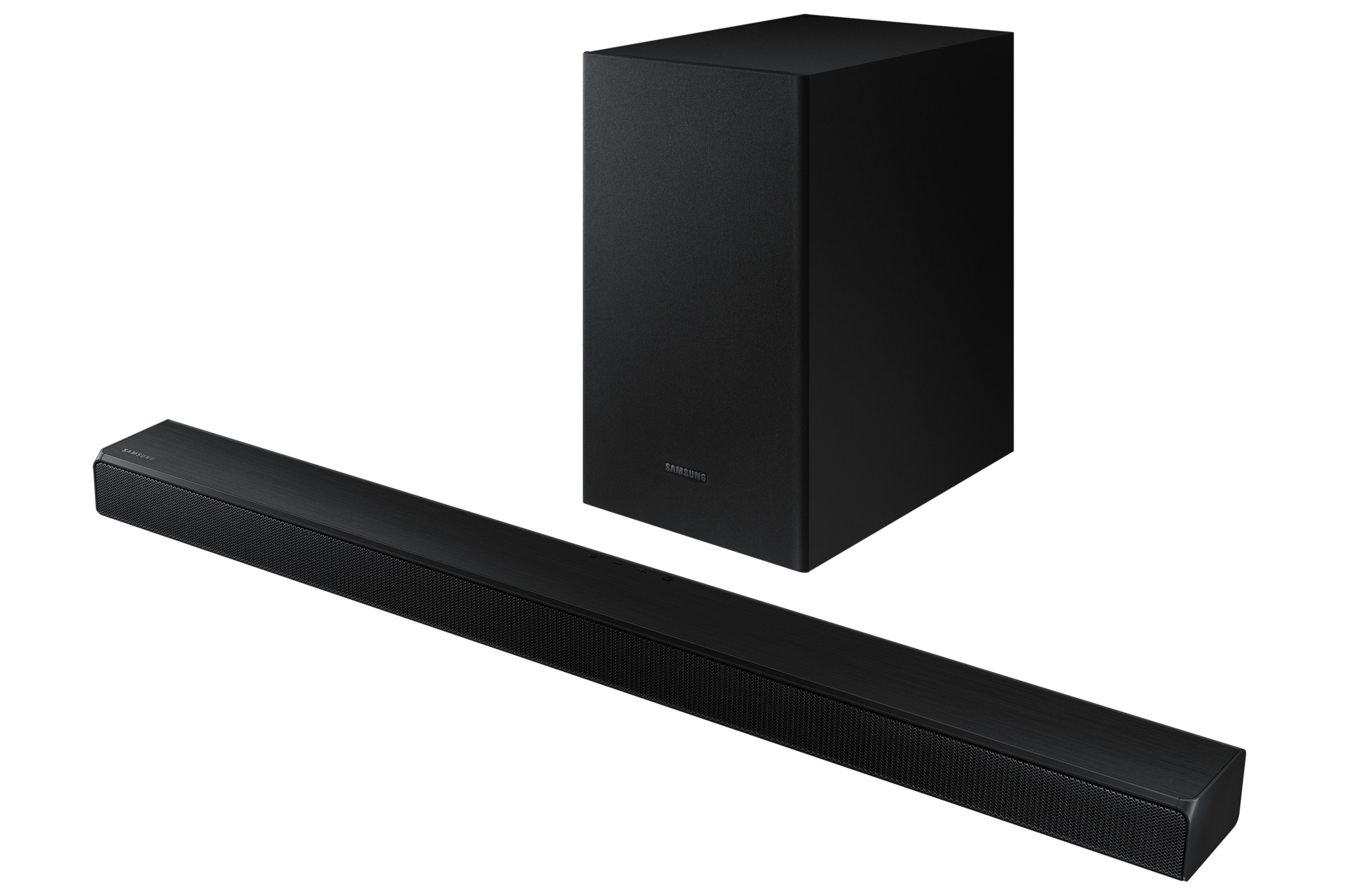 Rzut z prawej, górnej perspektywy pod skosem z subwooferem na unikalny soundbar Samsung T550/EN (HW-T550/EN) z technologią Bluetooth, który szybko połączysz z Twoim telewizorem Samsung