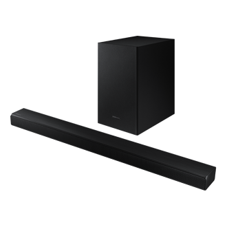 Rzut z prawej, górnej perspektywy pod skosem z subwooferem na unikalny soundbar Samsung T550/EN (HW-T550/EN) z technologią Bluetooth, który szybko połączysz z Twoim telewizorem Samsung