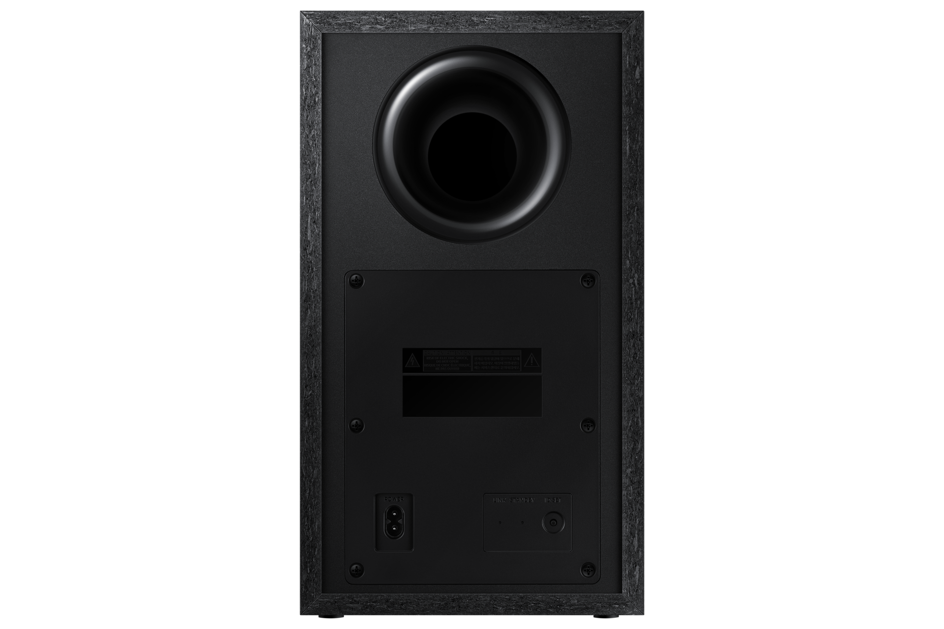Rzut z tyłu subwoofera (głośnika basowego) zaawansowanego technologicznie nowego soundbara Samsung T550/EN z niespotykanej jakości dźwiękiem, niezależnie od oglądanej treści