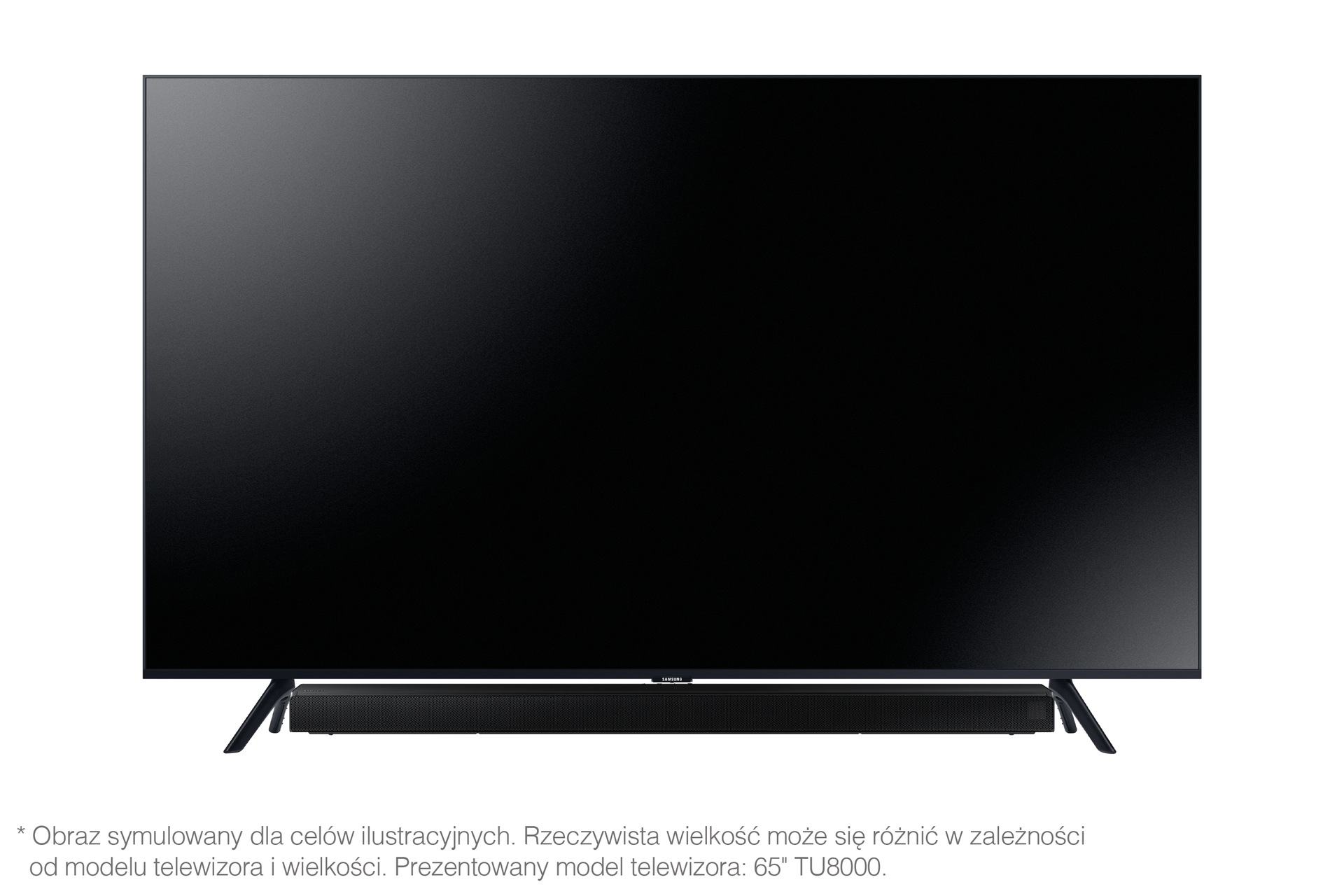 Zdjęcie od frontu zestawu telewizora oraz nowego soundbaru Samsung T650/EN z Inteligentnym Dźwiękiem Przestrzennym, który zapewni całkowicie nowe wrażenia dźwiękowe!