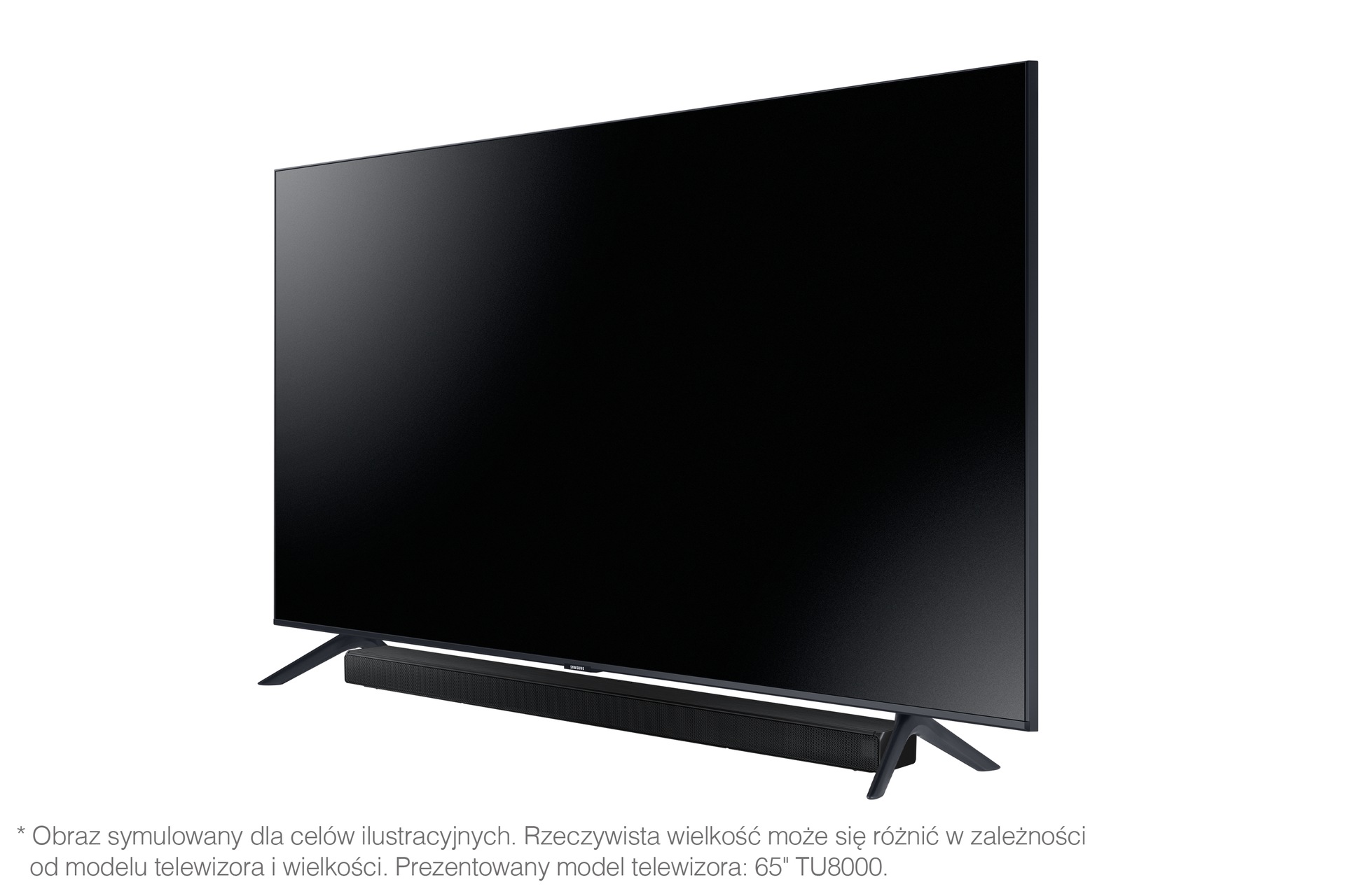 Fotografia pod kątem z prawej strony zestawu telewizora i nowoczesnego, multimedialnego soundbaru Samsung T650/EN z jednym pilotem, który idealnie połączy się z Twoim telewizorem Samsung