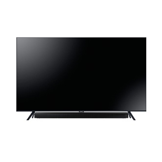 Zdjęcie od frontu zestawu telewizora oraz nowego soundbaru Samsung T650/EN z Inteligentnym Dźwiękiem Przestrzennym, który zapewni całkowicie nowe wrażenia dźwiękowe!