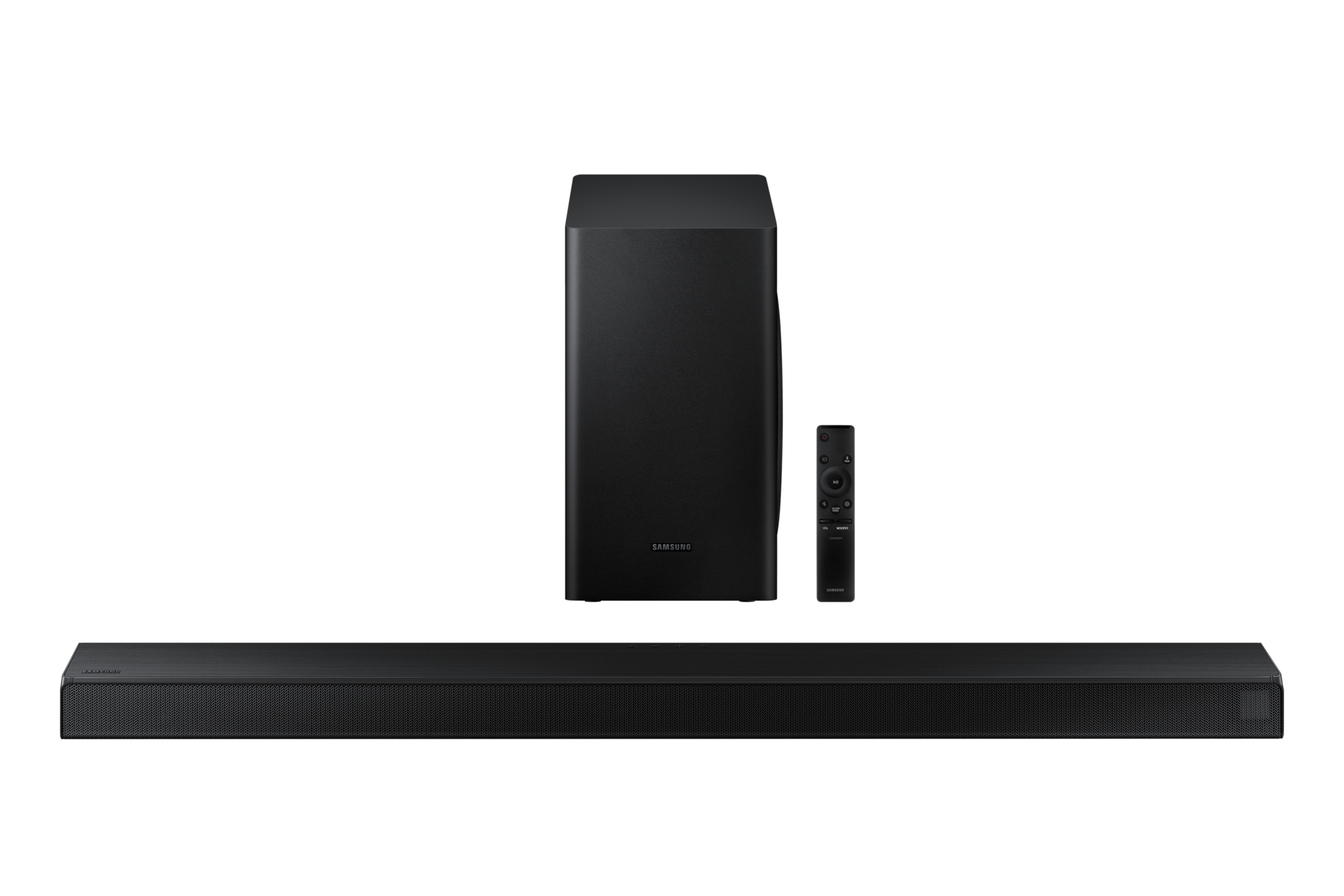 Zdjęcie z frontowej perspektywy w połączeniu z telewizorem unikalnego soundbaru Samsung T650/EN, który wzmocni dźwięk płynący z Twojego telewizora