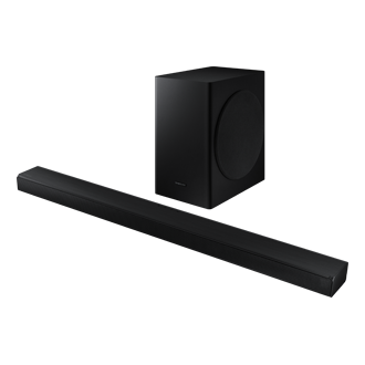 Perspektywa z prawej strony pod skosem nowoczesnego soundbaru Samsung T650/EN z bardzo wysokiej jakości, przestrzennym dźwiękiem 3D