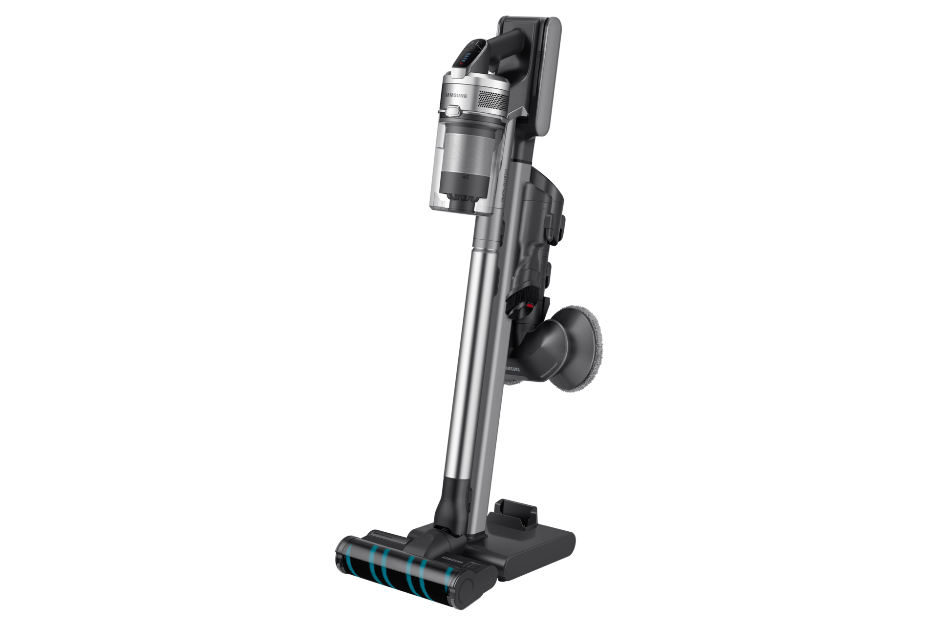 Odkurzacz bezprzewodowy z rurą teleskopową złożoną i wszystkimi akcesoriami widziany od przodu i lewego boku umieszczony w stacji dokującej - Jet 90 premium VS20R9048S3/GE