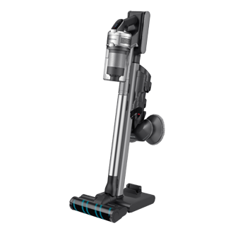 Odkurzacz bezprzewodowy z rurą teleskopową złożoną i wszystkimi akcesoriami widziany od przodu i lewego boku umieszczony w stacji dokującej - Jet 90 premium VS20R9048S3/GE