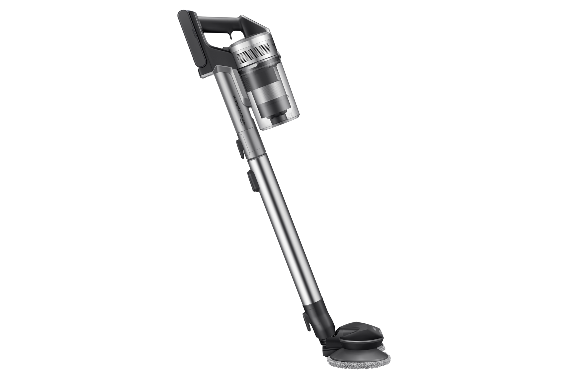 Stojący odkurzacz pionowy VS20R9048S3 Samsung Jet 90 premium ze szczotkami do polerowania w pozycji pochylonej widziany z prawej strony