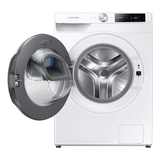 Pokazana z przodu 8 kg pralka Samsung Eco Bubble ™ WW80T654DLE/S6 z otwartymi drzwiami 