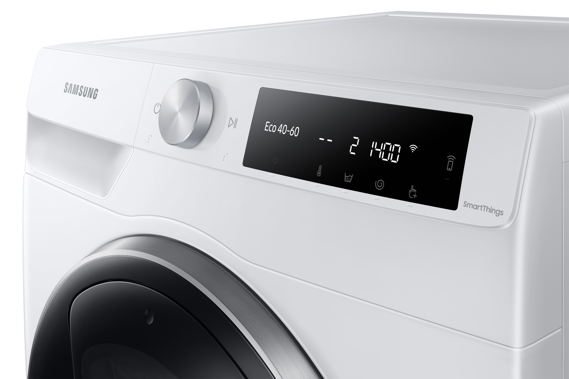 Zbliżenie na panel sterowania i wyświetlacz pralki Samsung Eco Bubble z AddWash™ WW80T654DLE/S6