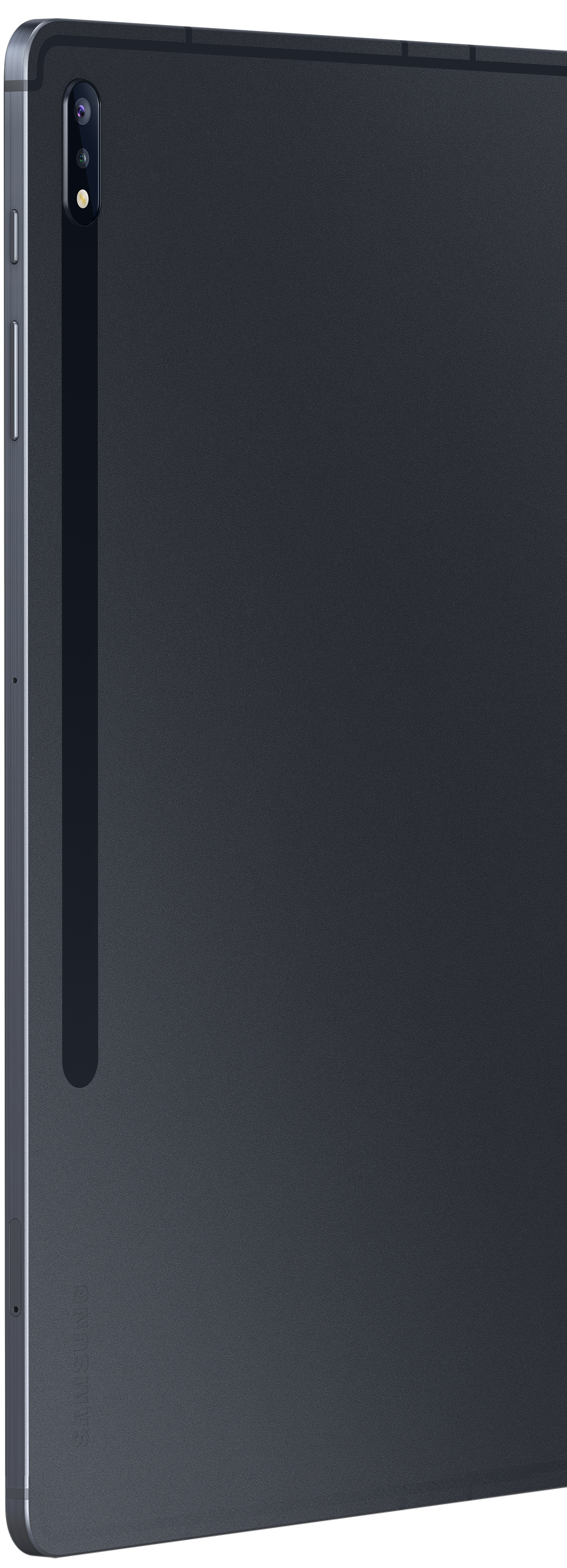 Close-up of Galaxy Tab S7+ in Mystic Black's rear view shows the rear camera placement