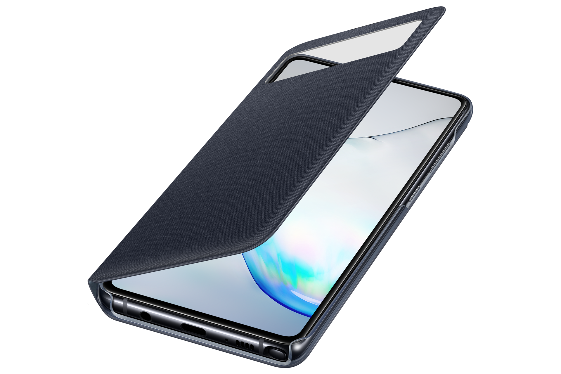 Чехол-книжка S View Wallet Cover для Note10 Lite чёрного цвета, вид в перспективе