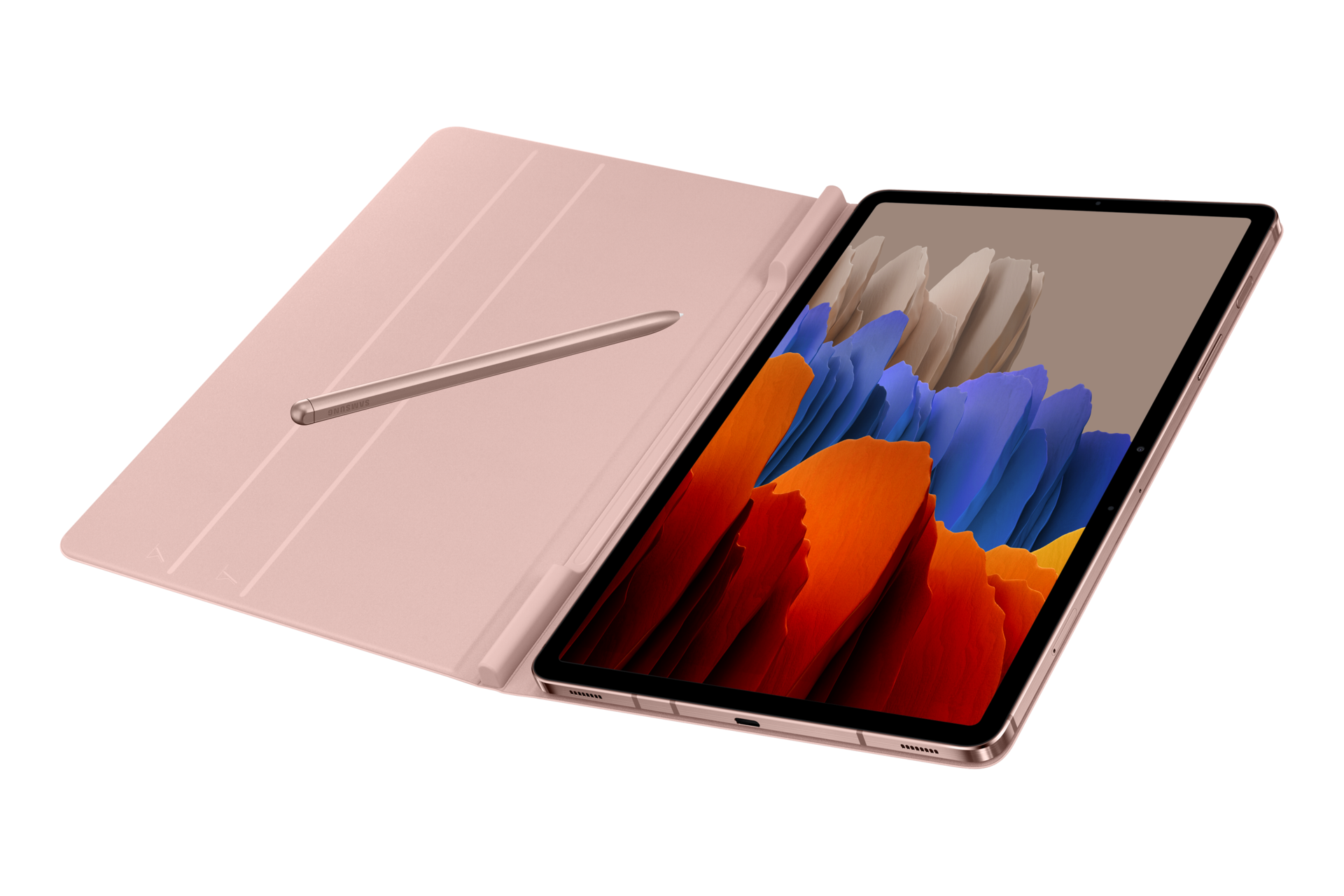 Розовый чехол Book Cover для Galaxy Tab S7, в раскрытом виде со стилусом S Pen