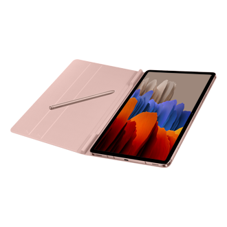 Розовый чехол Book Cover для Galaxy Tab S7, в раскрытом виде со стилусом S Pen