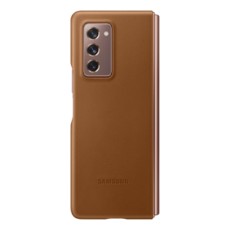 Коричневый кожаный чехол-накладка для Samsung Z Fold2, вид сзади в закрытом виде