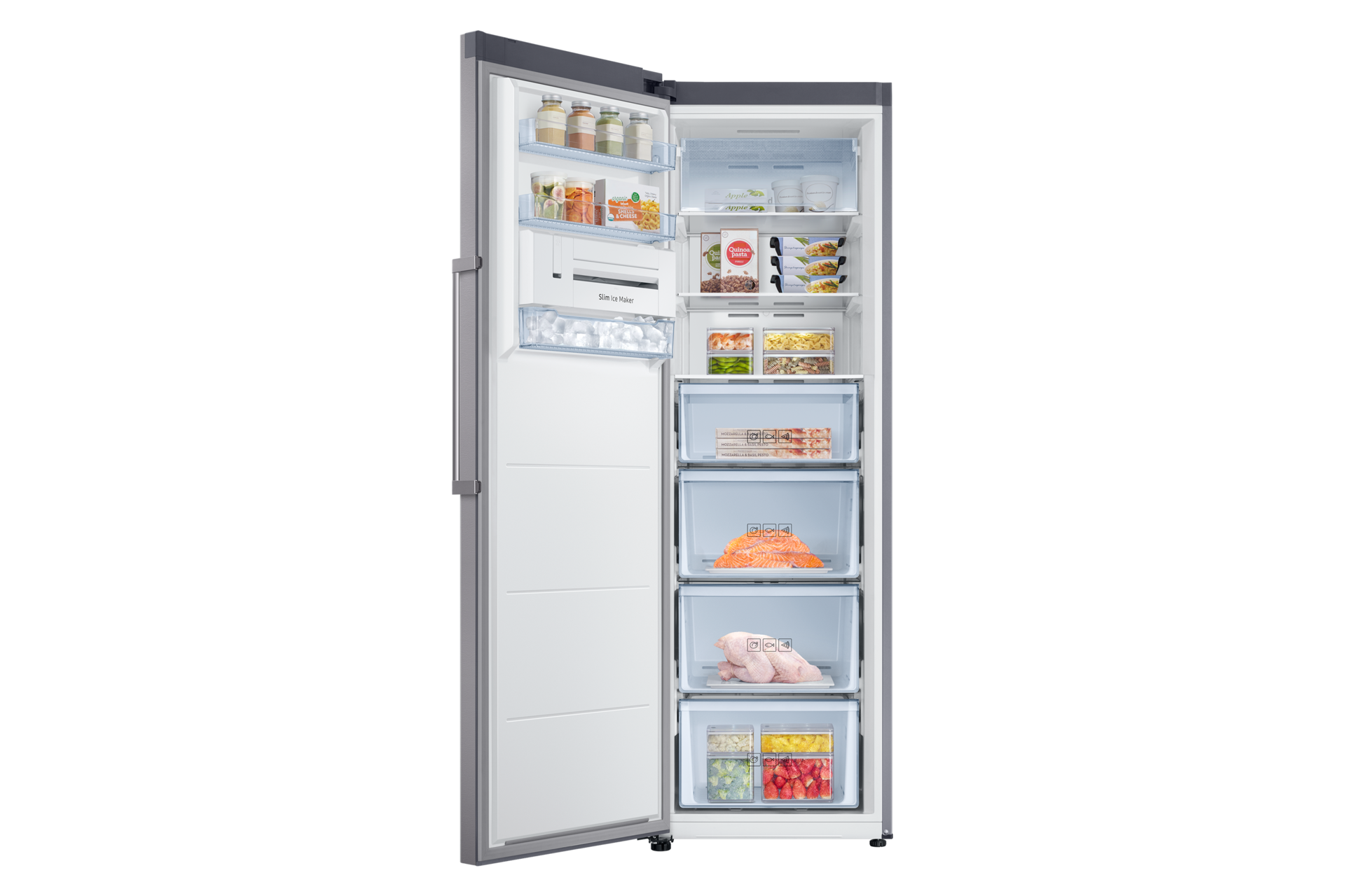 Морозильная камера RZ7000: 315 л, охлаждение No Frost вид спереди с открытой дверцей с едой