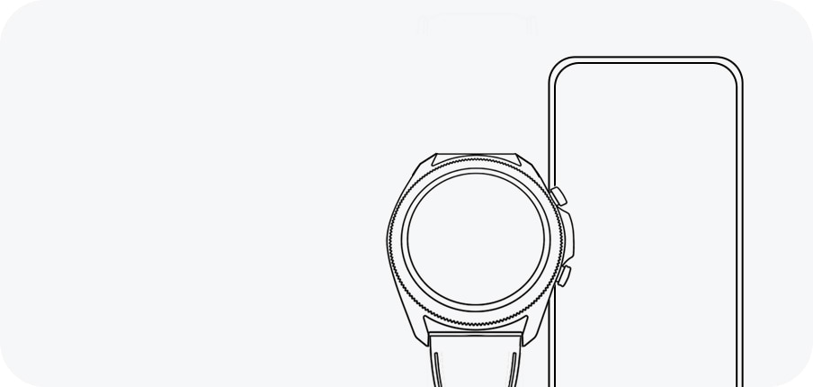 A line drawing showing a front-facing Galaxy Watch3 next to a smartphone, demonstrating its compatibility with different devices.