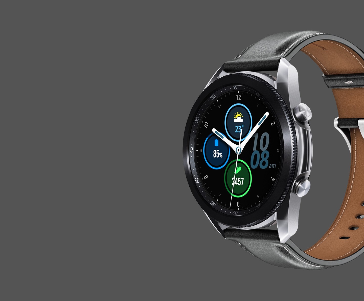 45mm Galaxy Watch3 in Mystic Silver with an Analog Modular Watch Face seen from an angle