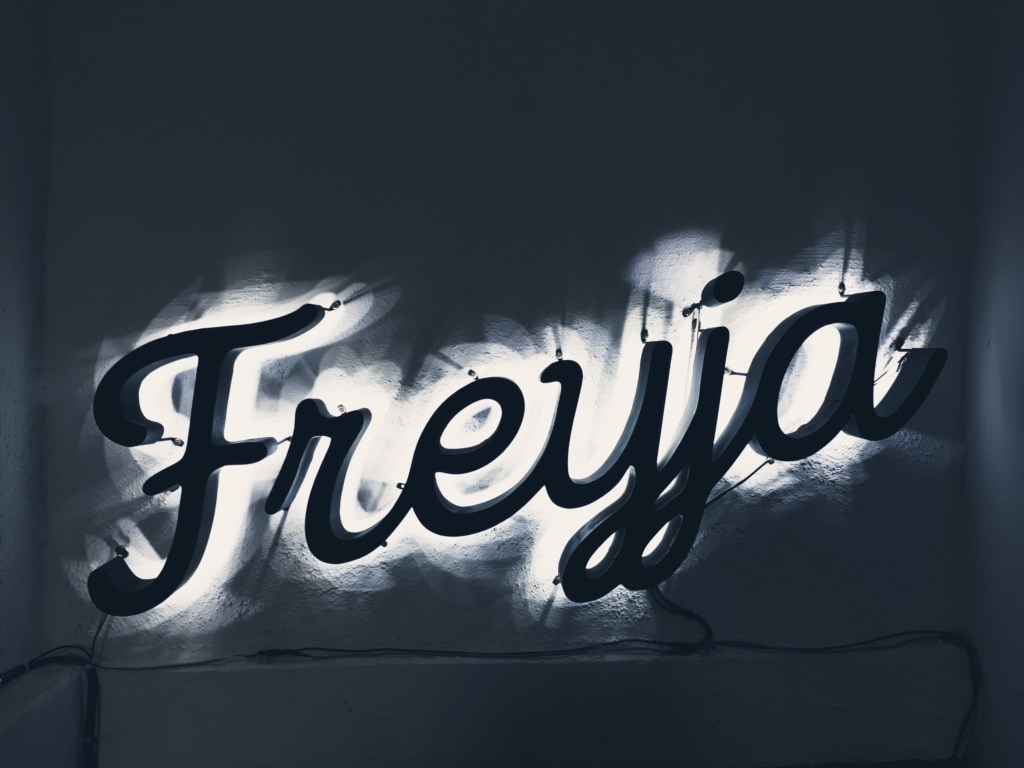 A black and white sign reading the word Freyja