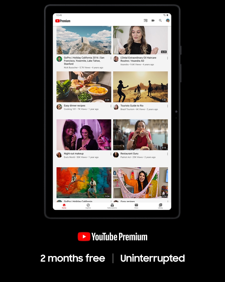 YouTube Premium och Galaxy Tab samarbetar för att du ska kunna se dina favoritfilmer på YouTube utan att bli störd. Njut av YouTube offline, annonsfritt, med filmer som fortsätter spela i bakgrunden och tillgång till YouTube Music. Dina första två månader står vi för när du köper en Galaxy Tab A7.