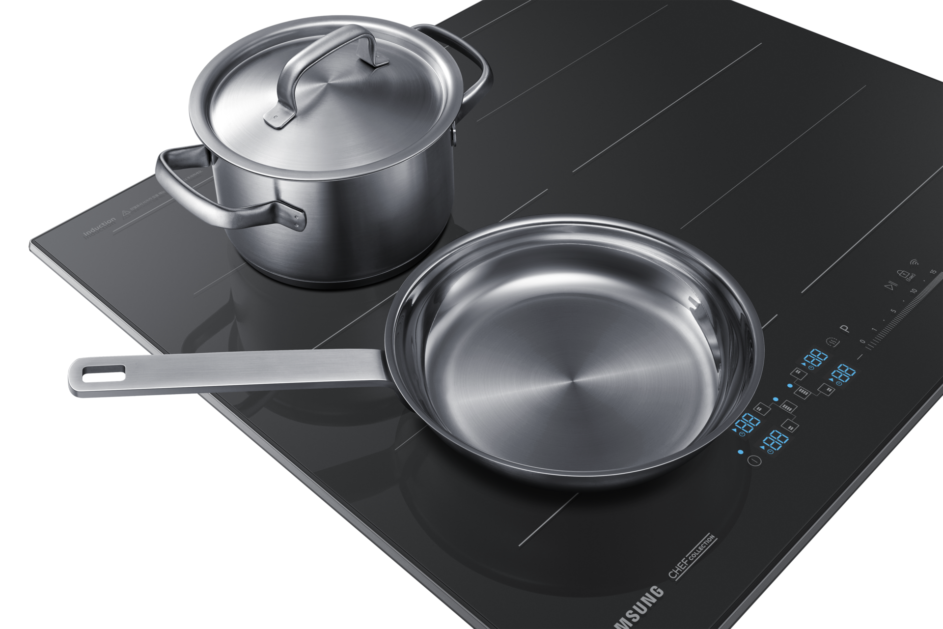 제품 정면 아래 60도 왼쪽 30도 냄비 2개 있음