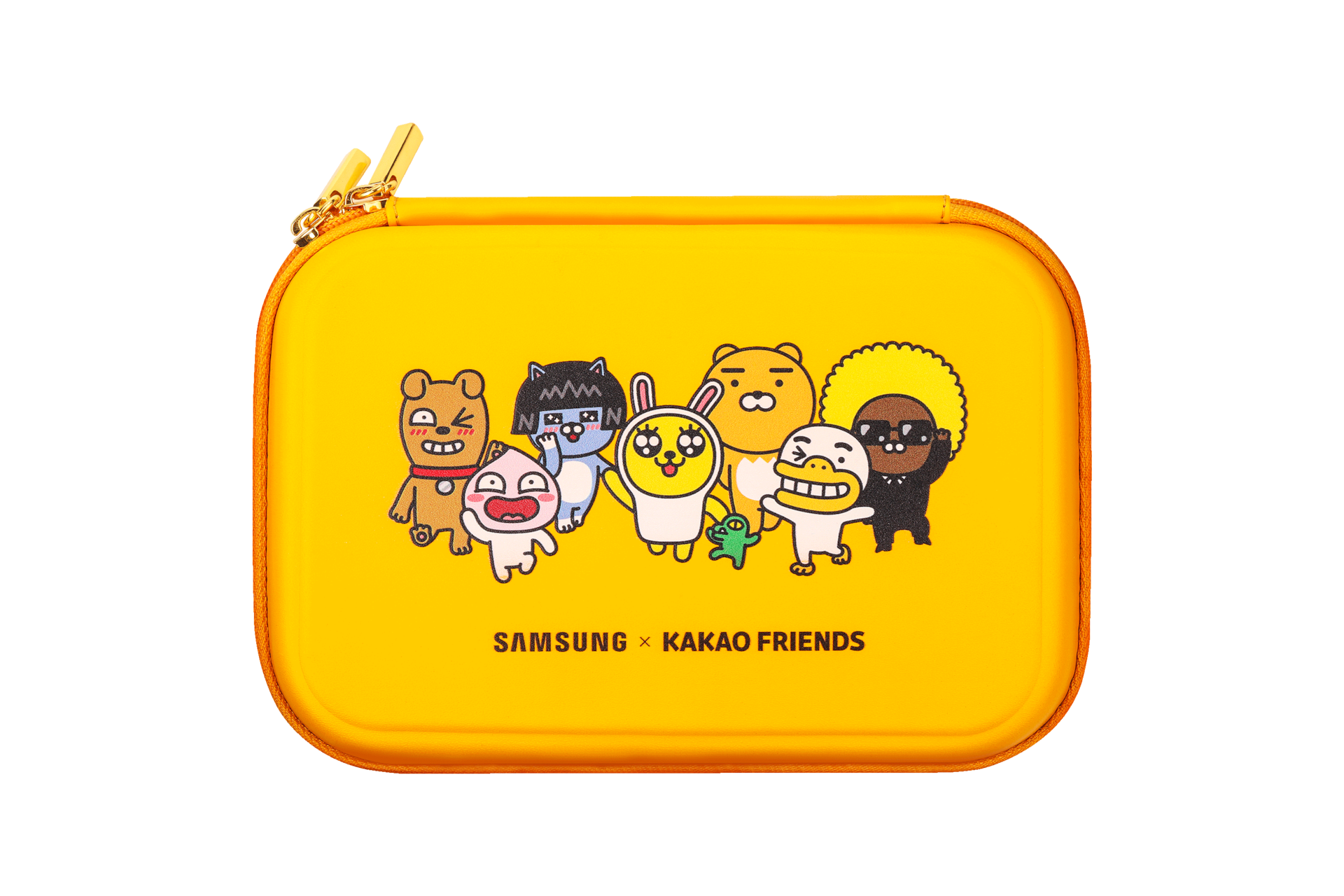 카카오프렌즈 프린팅 노란색 파우치를 위에서 내려본 뷰