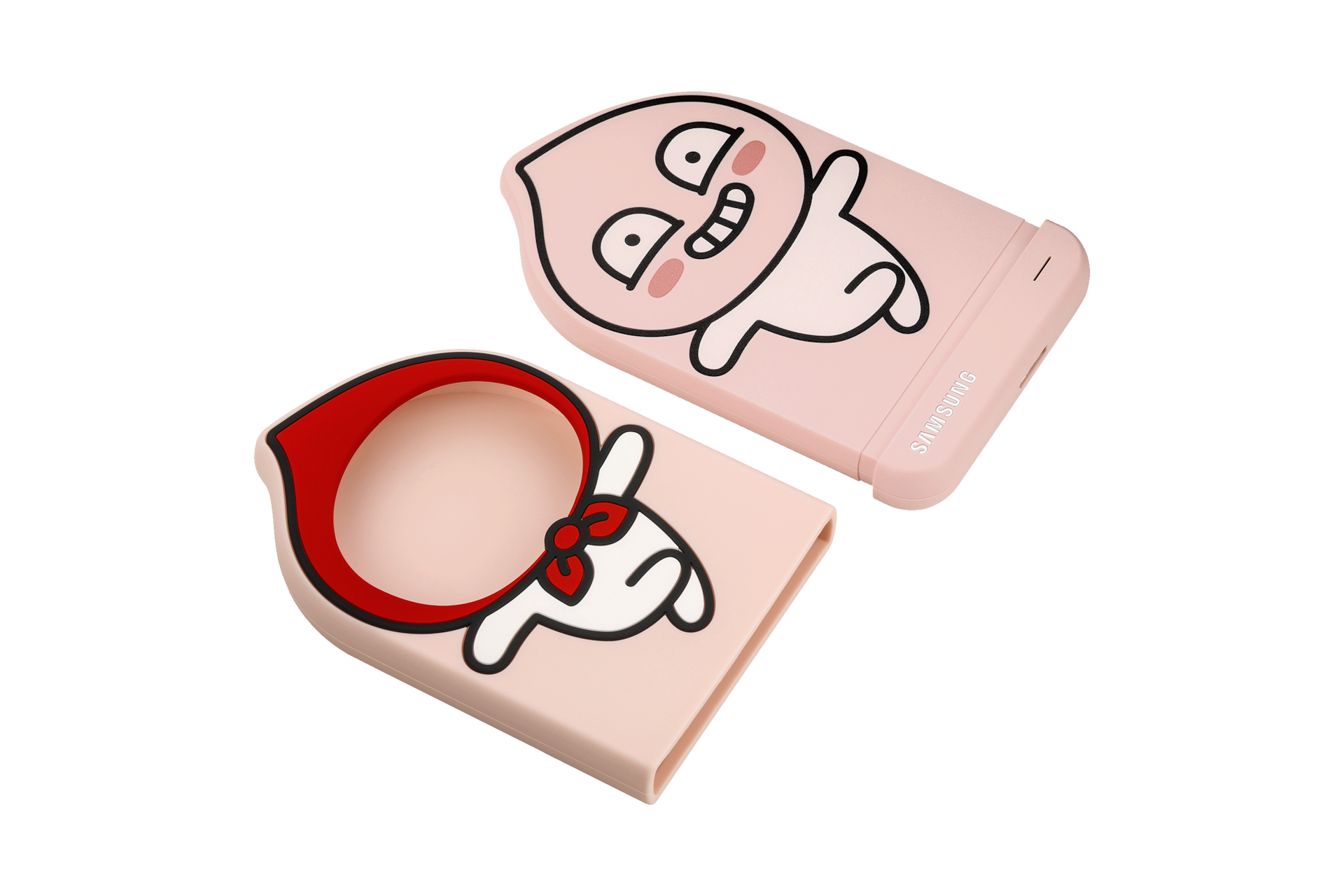 외장 HDD 어피치 2 TB 핑크 실리콘 케이스를 벗긴 위에 눕혀서 실리콘 케이스와 제품을 나열한 왼쪽 위 탑뷰 이미지