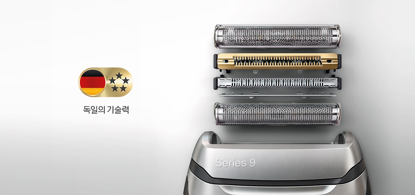 독일의 기술력이라는 문구와 독일 국기 이미지가 보이고 면도날이 분리된 모습이 보입니다.