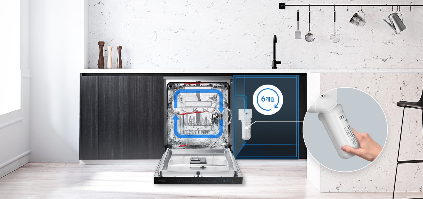 식기세척기가 주방에 설치 되어있으며, 정수필터 제품이미지가 보이고 있습니다.