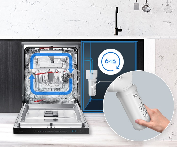 식기세척기가 주방에 설치 되어있으며, 정수필터 제품이미지가 보이고 있습니다.