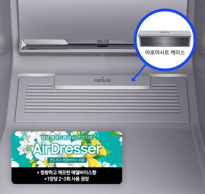 에어드레서 내부에 아로마시트 삽입하는 위치가 보이고 아이리스향에 대한 간단한 설명이 보입니다.