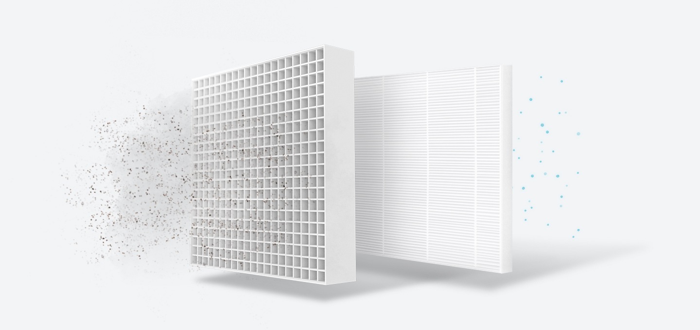 먼지가 미세먼지 필터를 통과하는 모습을 보여줍니다.