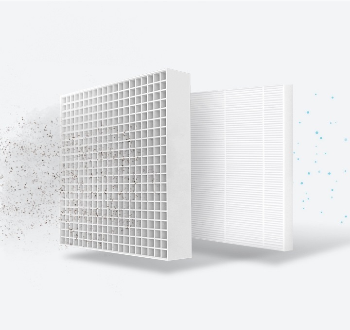 먼지가 미세먼지 필터를 통과하는 모습을 보여줍니다.