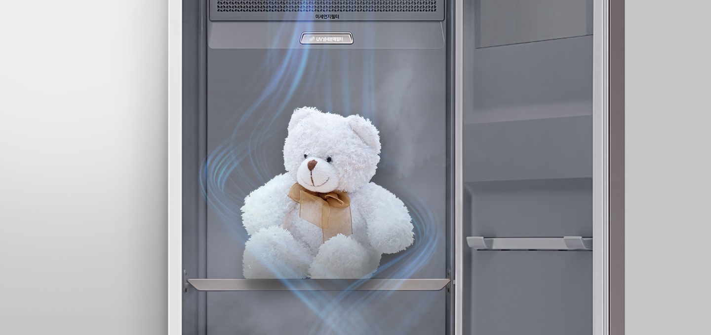 베이지 톤의 배경의 에어 드레서 문이 열려있고 상단 확대되어 있는 모습이 보이며, 에어드레서 내부 선반 위에 곰인형이 앉아있으며 상단에서 공기가 나와 인형을 감싸는 듯한 표현이 되어있어, 선반을 활용하여 세탁하기 어려운 다양한 제품을 케어 할 수 있다고 보여집니다.