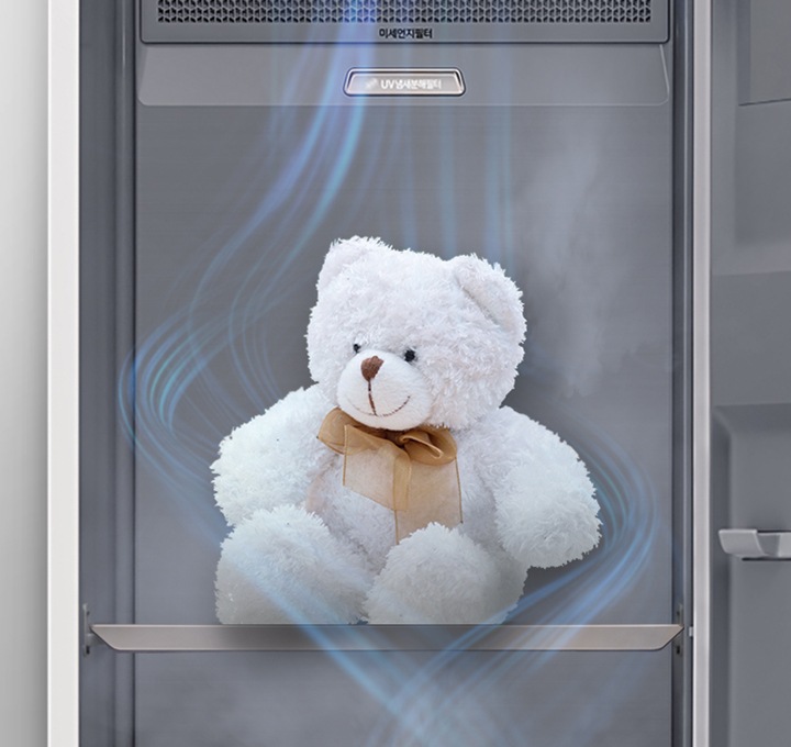 베이지 톤의 배경의 에어 드레서 문이 열려있고 상단 확대되어 있는 모습이 보이며, 에어드레서 내부 선반 위에 곰인형이 앉아있으며 상단에서 공기가 나와 인형을 감싸는 듯한 표현이 되어있어, 선반을 활용하여 세탁하기 어려운 다양한 제품을 케어 할 수 있다고 보여집니다.