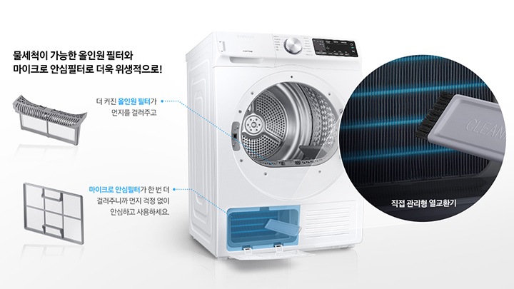 건조기 제품이 중앙에 놓여져 있고, 좌측엔 직접 관리형 열교환기, 우측에는 올인원필터, 마이크로 안심 필터, 공간제습키트 에 대한 설명을 보여주고 있습니다. 올인원 필터와 마이크로 안심필터로 더욱 위생적으로! 올인원 필터로1, 2차 먼지를 거르고 마이크로 안심 필터가 3차로 한 번 더 걸러주니까 먼지 걱정 없이 안심하고 사용하세요