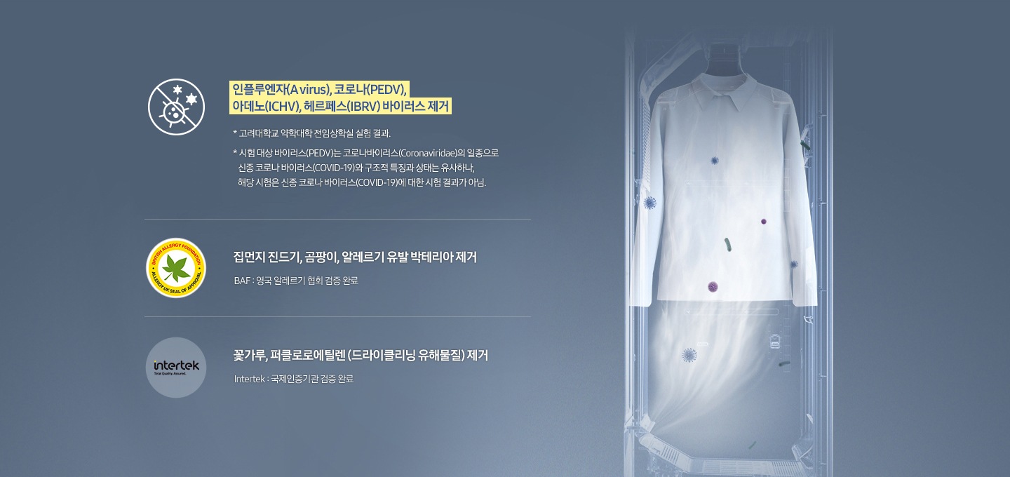 삼성 에어드레서를 옆에서 본 상태로 내부가 투영된 모습입니다. 내부에는 안감케어 옷걸이에 와이셔츠가 한벌 걸려 있으며, 아래에서 분사되는 제트스팀을 통해 바이러스와 유해세균이 제거되는 모습입니다.