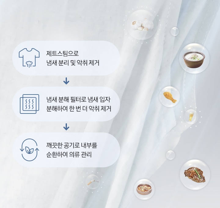 블라우스에 베인 된장찌개, 치킨, 스테이크, 담배 냄새 등의 냄새 입자들이 제트스팀과 냄새분해 필터를 통해 냄새 입자가 분해 제거되는 모습입니다.