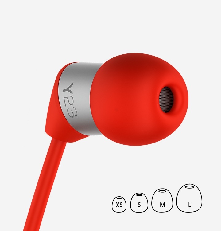 레드 제품의 이어 헤드 부분이 확대 되어 보입니다. 그 옆으로 이어팁이 XS/S/M/L 사이즈별로 아이콘으로 그려져있습니다. 