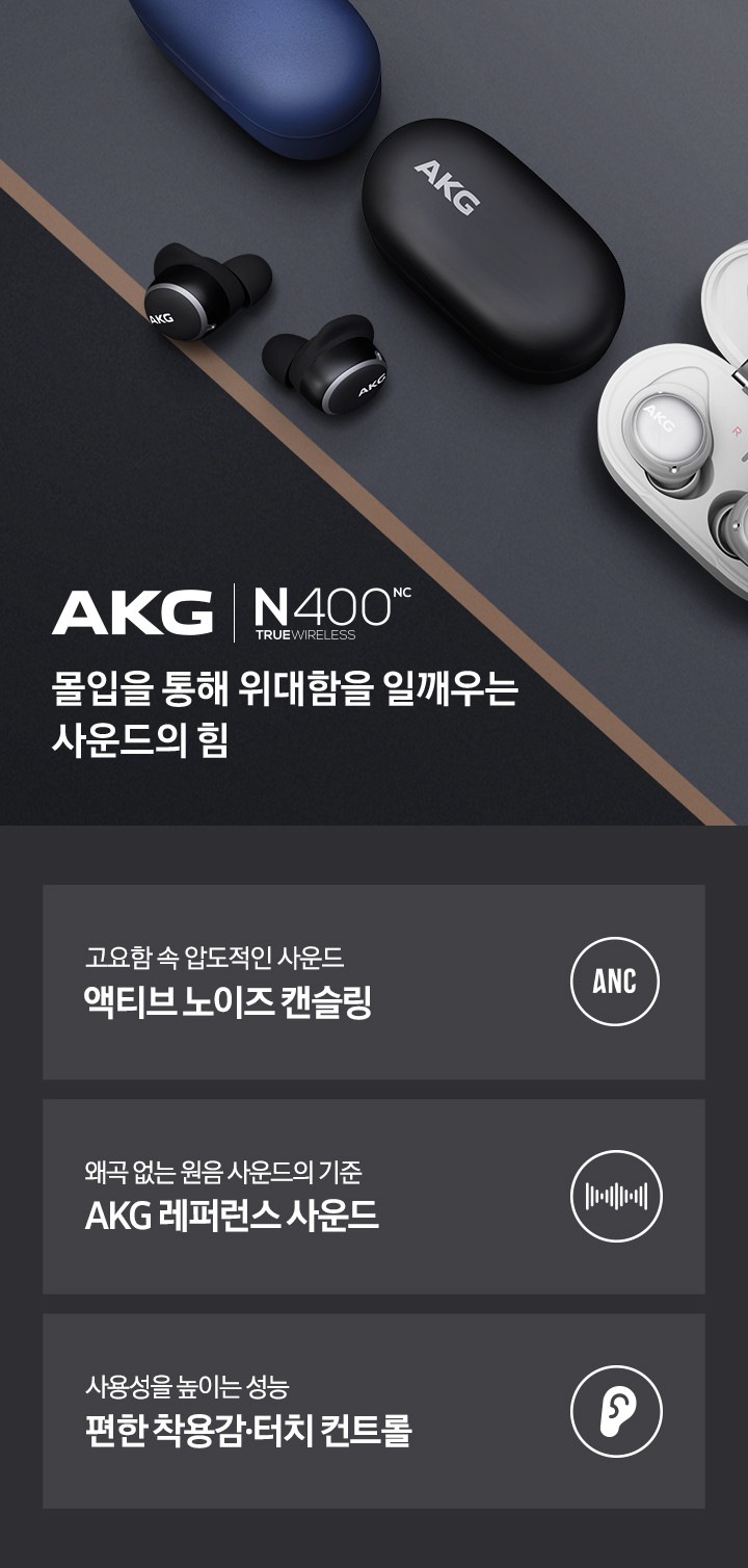 네이비, 블랙, 화이트 3개의 제품 컬러의 N400 제품이 놓여져 있습니다. 옆에 AKG N400 NC 로고가 보여지고, 슬로건 '몰입을 통해 위대함을 일깨우는 사운드의 힘' 이 적혀 있습니다. POD 1 고요함 속 압도적인 사운드, 액티브 노이즈 캔슬링. ANC 로고 아이콘이 보여지고 있습니다.  POD 2 왜곡 없는 원음 사운드의 기준 AKG 레퍼런스 사운드. 레퍼런스 사운드 아이콘이 보여지고 있습니다. POD 3 사용성 높이는 성능, 편한 착용감, 터치 컨트롤. 귀모양의 아이콘이 보여지고 있습니다.