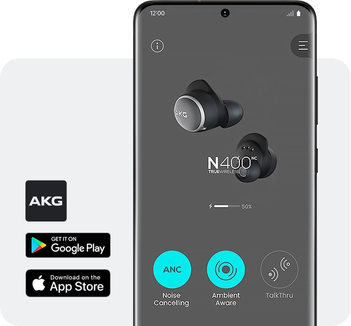 The AKG, Google Play, and App Store logos are on the left and the N400 app is turned on in your mobile device.