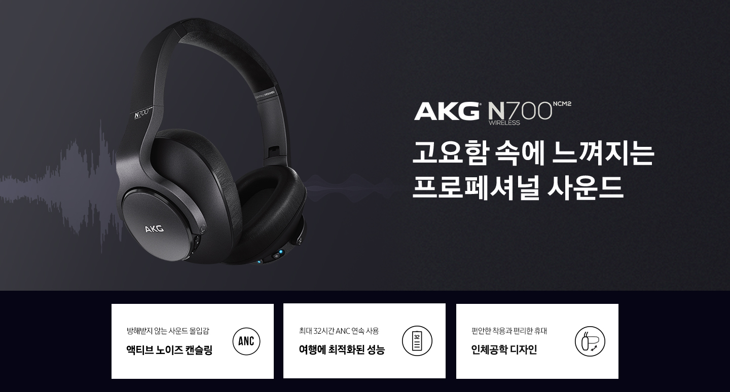 AKG N700NCM2 블랙 제품이 음파와 함께 있습니다. 슬로건 '고요함 속에 느껴지는 프로페셔널 사운드'가 적혀있습니다.  POD 1 방해받지 않는 사운드 몰입감 액티브 노이즈 캔슬링. ANC 아이콘이 있습니다. POD 2 최대 32시간 ANC 연속사용 여행에 최적화된 성능. 32시간 배터리 아이콘이 있습니다. POD 3 편안한 착용과 편리한 휴대 인체공학 디자인 인체공학 디자인의 아이콘이 있습니다.